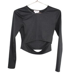 Lovers + Friends Cropped Ribbed Clea Cutout Long Sleeve Top Black Small